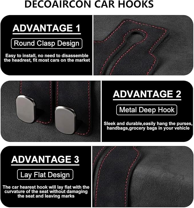 2 Pack Car Hooks for Headrest, Headrest Hooks Car Purse Hook Car Seat Back Storage Hook Premium Leather Car Seat Holder for Headrest Purses and Bags (Black)