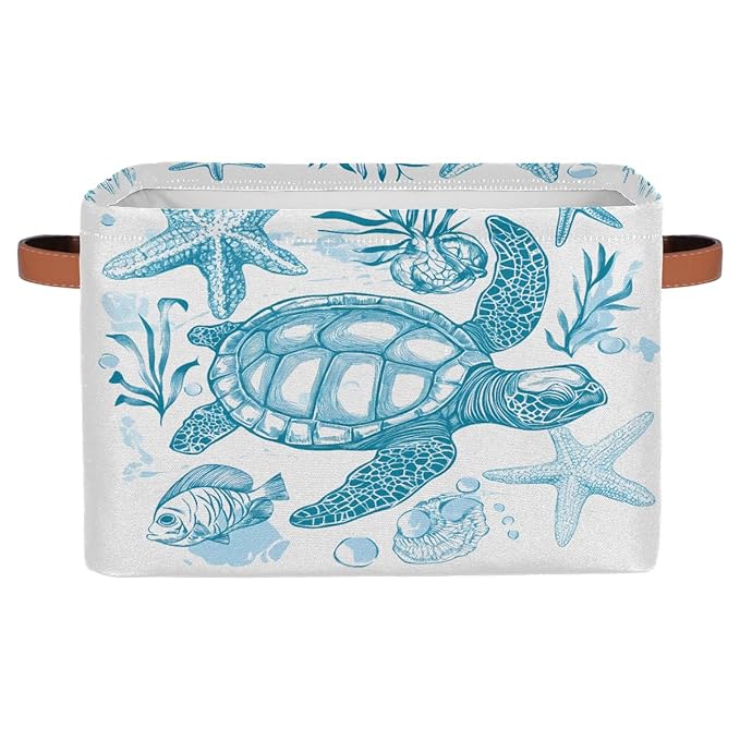 Sea Turtle Storage Baskets for Organizing, Fabric Collapsible Storage Bins Box Ocean Animal Fish Decorative Toy Organizer Baskets for Closet Shelves Gift Basket 1 Pc