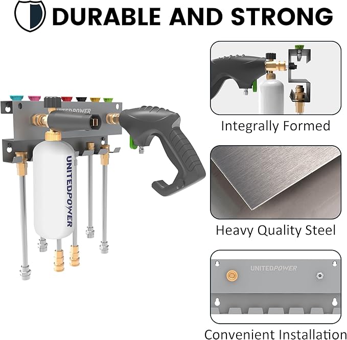 UNITEDPOWER Pressure Washer Gun Holder，Wall Mount Foam Cannon Holder，Tool Storage Rack for Pressure Washer Wand/Nozzle Tips, Car Wash Accessories Organizer, Silver
