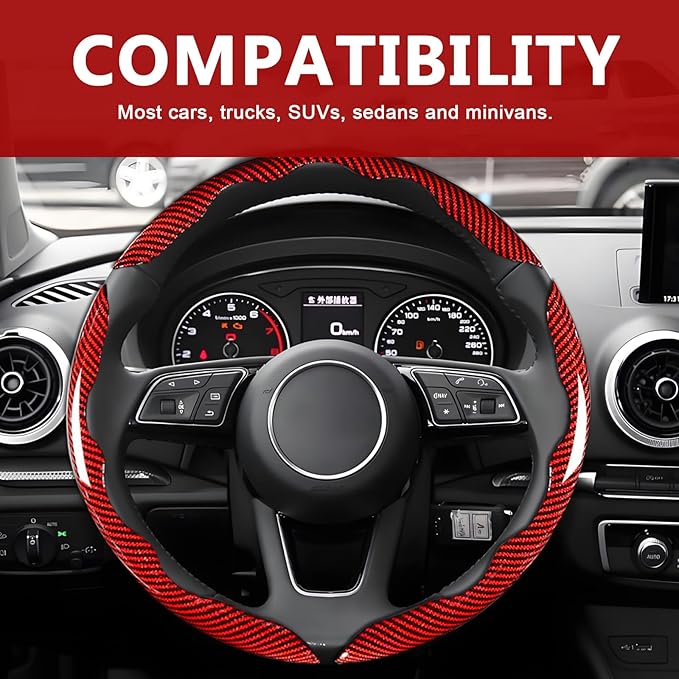 3pcs Universal Carbon Fiber Steering Wheel Cover - Anti-Slip & Segmented Design, Universal 99% Durable Steering Wheel Protector for Men and Women, Car Interior Accessory (Red)