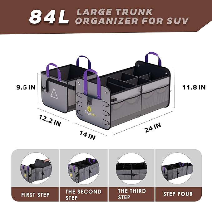 Car Trunk Organizer SUV, 84L SUV Trunk Organizer – Waterproof Foldable Modular Trunk Organizer with Mesh Pockets, Non-Slip Base, Gray - M313