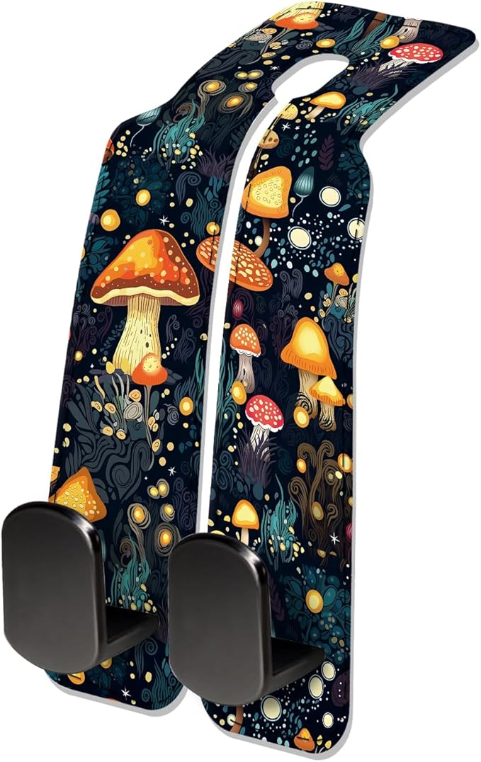 Car Seat Headrest Hook, Universal Leather Cute Hanger Holder Hook, Storage Organizer Interior Accessories for Purse Bags Handbag Cute Boho Mushrooms