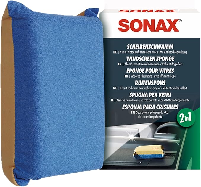 SONAX Windscreen Sponge 417100 | Dual Action Cleaning Sponge for Streak Free Glass | Easily Removes Dirt Fog and Condensation from Windshields Windows and Mirrors | Compact and Reusable