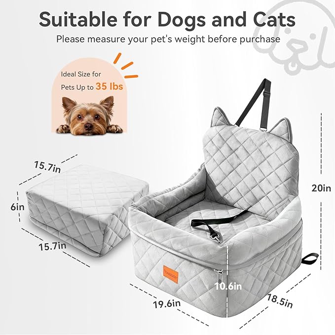 Dog Car Seat for Small/Medium Dogs Up to 35lbs,Elevated Cushion Fits in Front/Back Seat,Travel Safety Per Car Bed with Washable Removable Cover, Storage 2 Pockets Grey