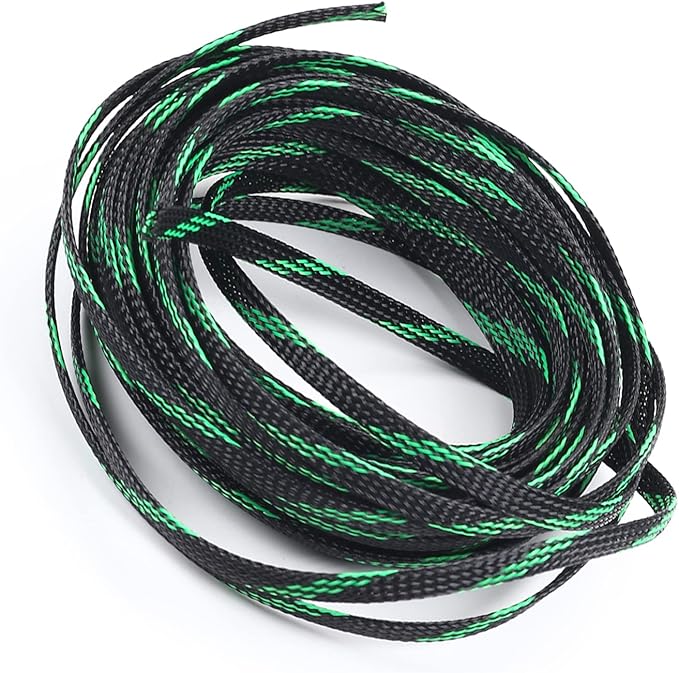 Aicosineg 32.81ft PET Flexible Braided Cable Sleeve 0.24inch Width Wire Loom Sleeving and Organizer Flexible Wire Mesh Sleeve for TV Audio PC Cords from Pets Chewing Black and Fluorescent Green