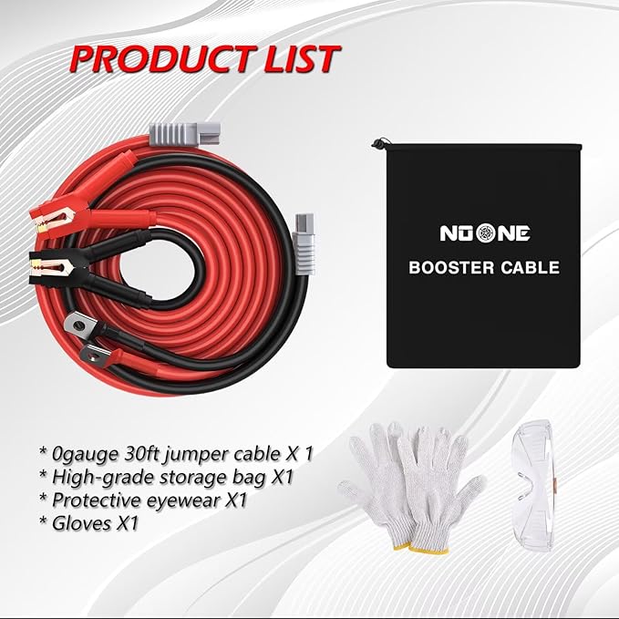 NOONE 0 Gauge 30 FT Heavy Duty Jumper Cables - 1000Amp Quick Connect Automotive Booster Jumper Cables for Car, SUV and Truck Battery - Jumper Cables Kit with Gloves, Goggles in Carry Bag