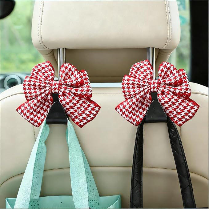 2PCS Car Seat Headrest Hooks, Cute Bow Vehicle Backseat Storage Hanger for Handbag Umbrella Coat, Automotive Seat Back Hook Holder Organizer Decor, Universal for Vehicles (Red Houndstooth)