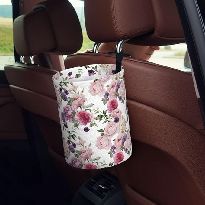 Car Trash Can Rose Pattern Multipurpose Collapsible Leakproof Trash Bin Car Accessories for Car Automotive Truck SUV