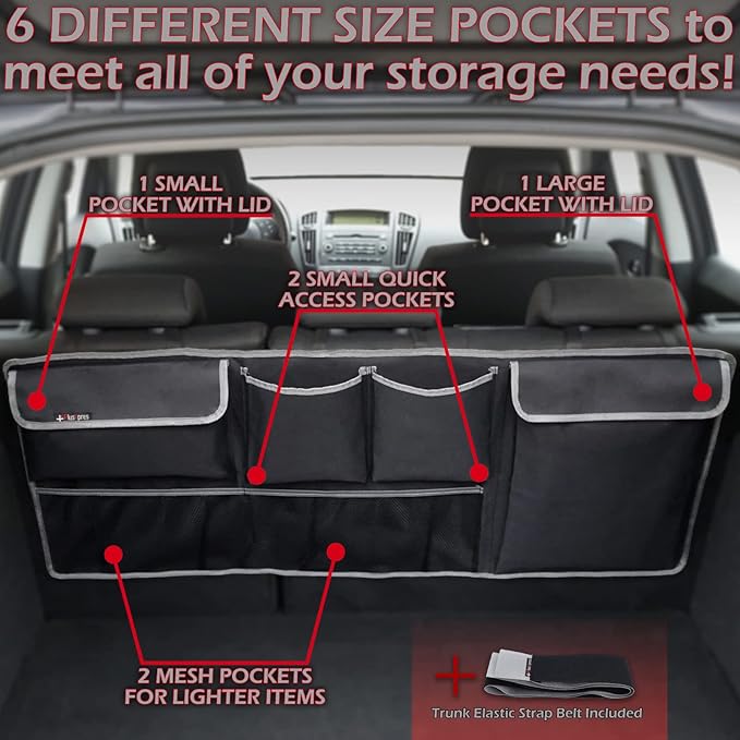 PlusXpres Car Backseat Trunk Organizer - Auto Hanging Seat Back Storage - Multipurpose Cargo Accessory - Space Saving Facilitator for SUV, Hatchback, Crossover, Minivan