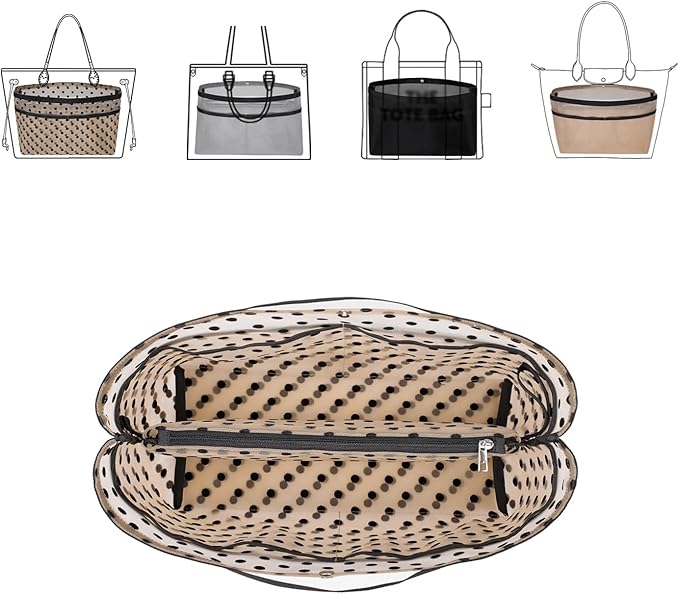 ZTUJO Purse Organizer Insert For Handbags,Mesh Bag Organizer Insert With Zipper Bag Tote Shaper Fit Speedy Neverful PM MM le Pliage,Light Weight (Brown polka dots Beige, Medium)