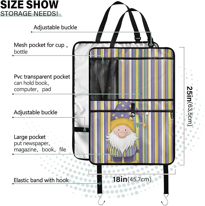 1 Pack Back Seat Car Organizer with Storage Pockets Kick Mats Back Seat Protector Hanging Car Organizer Automotive Seat Back Cover Organizers Stripe Mardi Gras Gnome