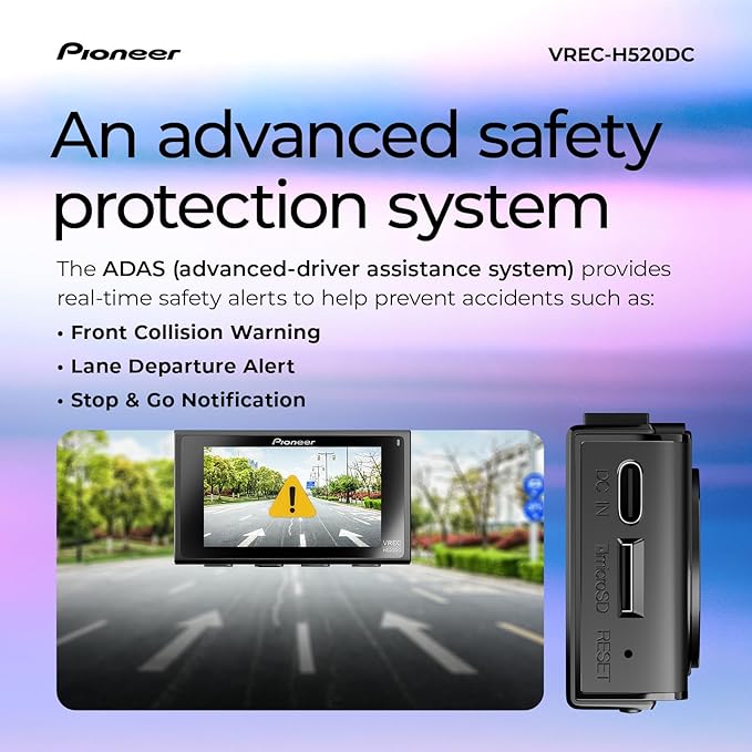 Pioneer VREC-H520DC Dual Dash Cam Front and Rear Car Camera - Large Screen, 2K Resolution, Starvis Night Vision, 140 Degree Wide Lens, ADAS Safety Alerts, Built In GPS, Impact Detection, 24/7 Coverage