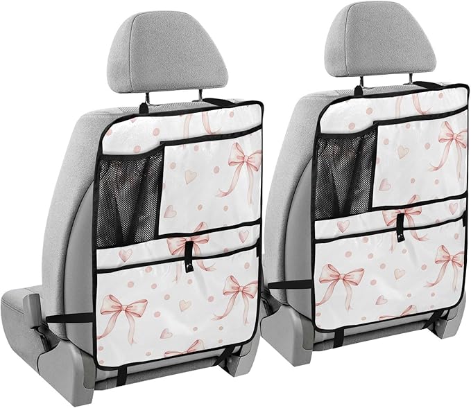 Pink Bows Backseat Organizer 1 Pack Kick Mats with Pockets Backseat Protector Seat Covers for Car Storage Travel Accessories