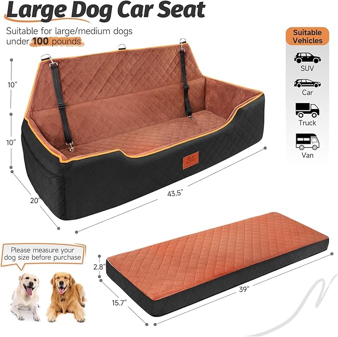 XIEEAOZEE Large Dog Car Seat, Memory Foam Dog Car Bed for Backseat & Trunk, Washable Pet Booster Seat Under 100 lbs or 2 Medium Dogs, Pet Travel Seat with Storage Pockets,2 Safety Belts