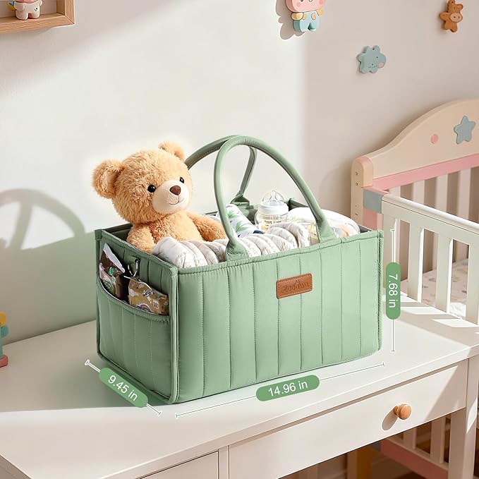 Zooawa Baby Diaper Caddy Organizer, Portable Nursery Storage Basket with Compartments, Handle & Shoulder Strap for Newborn Baby Essentials, Gift for Baby Shower, Nursery, Travel, Car, Matcha Green