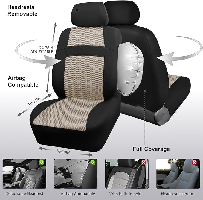 CAR PASS Car Seat Covers Front Seats Only, 3D Air Mesh Car Seat Cover with 5mm Composite Sponge Inside,Airbag Compatible Universal Fit SUV,Vans,sedans, Trucks, Automotive Interior Covers(Black Beige)