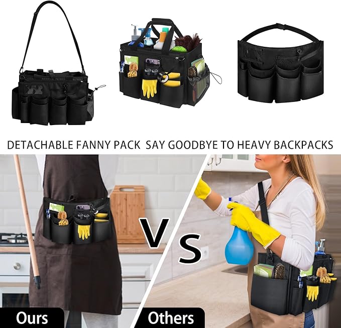Large Cleaning Caddy Tote with Removable Divider, Heavy-Duty Wearable Apron Organizer with Pockets for Housekeeping, Cleaning Supplies, Tools (Black)