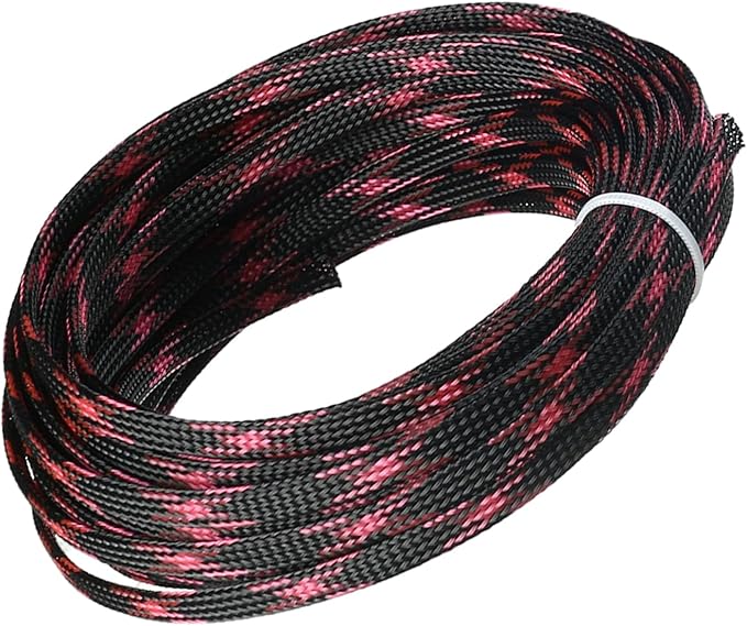 Aicosineg 32.81ft PET Flexible Braided Cable Sleeve 0.25inch Width Wire Loom Sleeving and Organizer Flexible Wire Mesh Sleeve Wrap Protector for TV Audio PC Cords from Pets Chewing Black and Pink