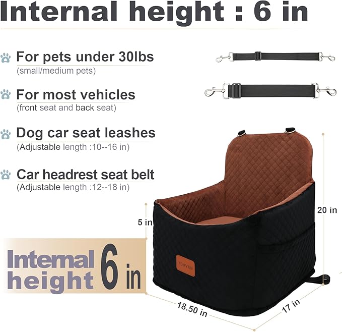 Youvee Dog Booster Car Seat,Interior Height 6 Inches Elevated Pet Car Seat for Small Dog up to 30 lbs,for Front/Back,Comfortable,Storage Pocket(View Ⅰ-Black Outside Brown Inside)