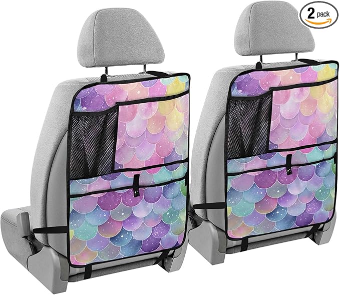 2 Pack Back Seat Car Organizer with Storage Pockets Kick Mats Back Seat Protector Hanging Car Organizer Automotive Seat Back Cover Organizers Watercolor Mermaid Scales Colors