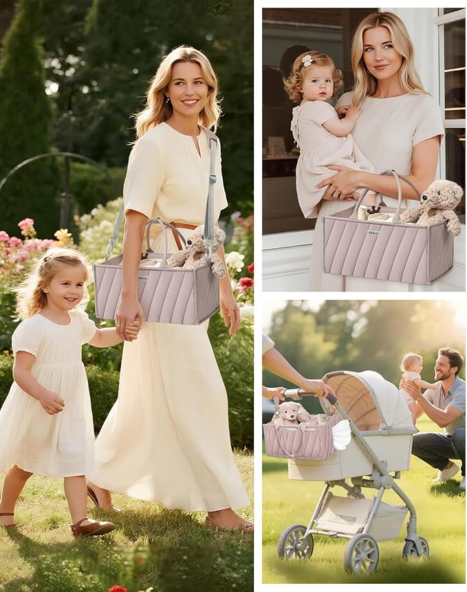 Diaper Caddy Organizer – Portable Storage Basket with Shoulder Strap & Stroller Hooks, Splashproof Quilted Nursery & Car Tote, Gender Neutral Gift for Baby Shower, Smoky Gray