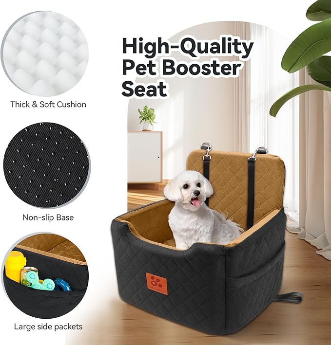 GL GLENSLAVE Dog Car Seat for Small/Medium Dogs Under 35lbs,Memory Foam Dog Booster Seats,Detachable and Washable Traval Pet Car Seat, Dogs Bed with 2 Safety Belts (Black/Coffee)