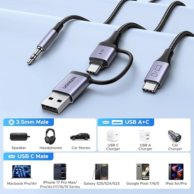 UGREEN USB C to 3.5mm Audio Cable and Charger 2 in 1 Hi-Res Type C to Aux TRS Headphone Car Stereo with PD 60W Fast Charging Compatible with iPhone 17 ProMax Galaxy S25 Pixel 10 iPad Pro Switch 2, 5FT