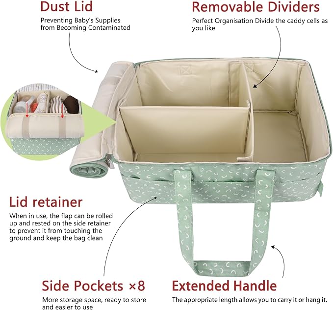Diaper Caddy Organizer, Baby Basket for Baby Shower With Lid，Car Caddy for New Born，Portable and Foldable Baby Essentials with Handle/8 Side Pockets (cotton print)