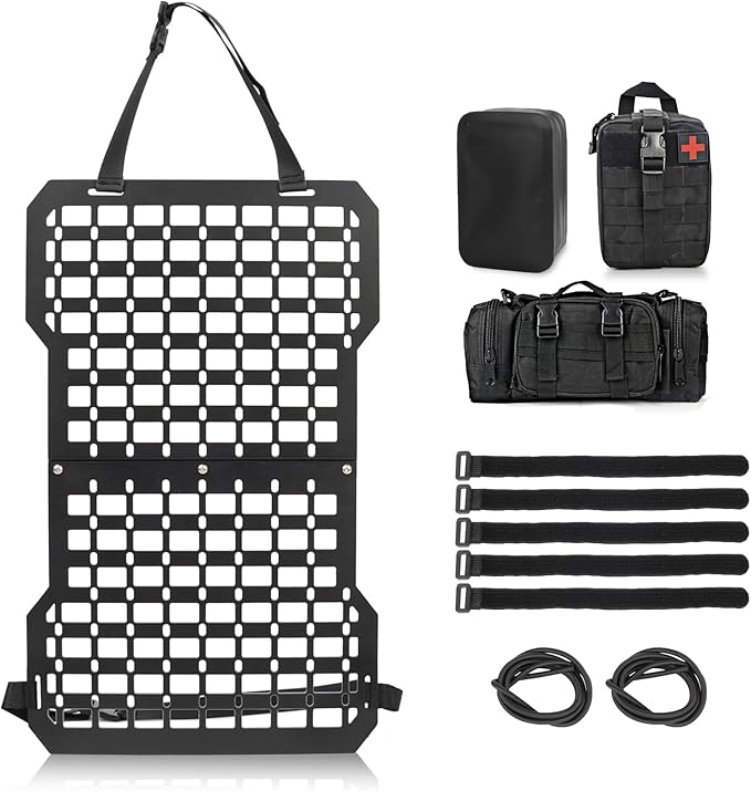 MAIKER Rigid Molle Panels for Vehicles Truck Mount Rack Tactical Seat Back Organizer Versatile Panel with 3 Storage Bag & 5 Hook and Loop Fasteners & 2 Elastic Rope for Storage Gears Accessories