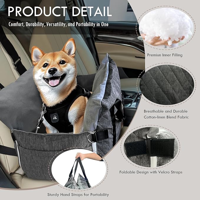 Dog Car Seat for Small/Medium Dogs Under 40 lbs - Elevated Pet Seat with Safety Belt, Non-Slip Base, and Storage Pockets for Car Travel Gray