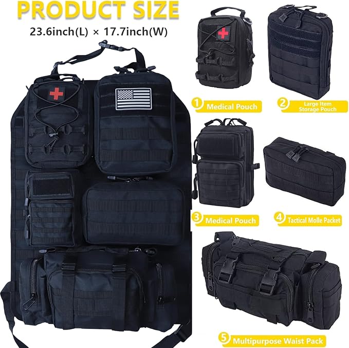 Universal Tactical Car Seat Back Organizer Bag Tactical Molle Vehicle Organizers Panel Vehicle Protector Organizers with 5 Detachable Pouches for Car (Upgraded A black)
