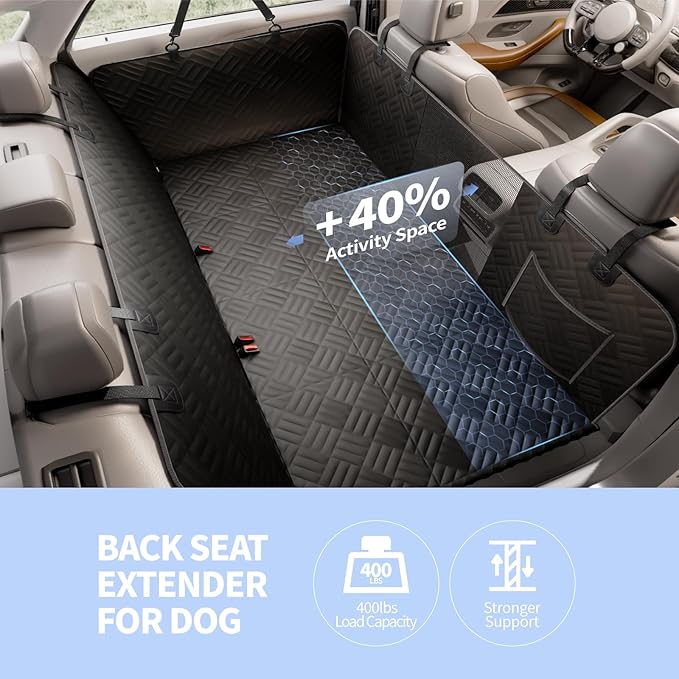 ELLINI Dog Car Seat Cover for Back Seat, Hard Bottom Back Seat Extender for Dogs, Holds 400lbs, 600D Heavy Duty Scratch-Proof Waterproof Dog Hammock for Car, SUV