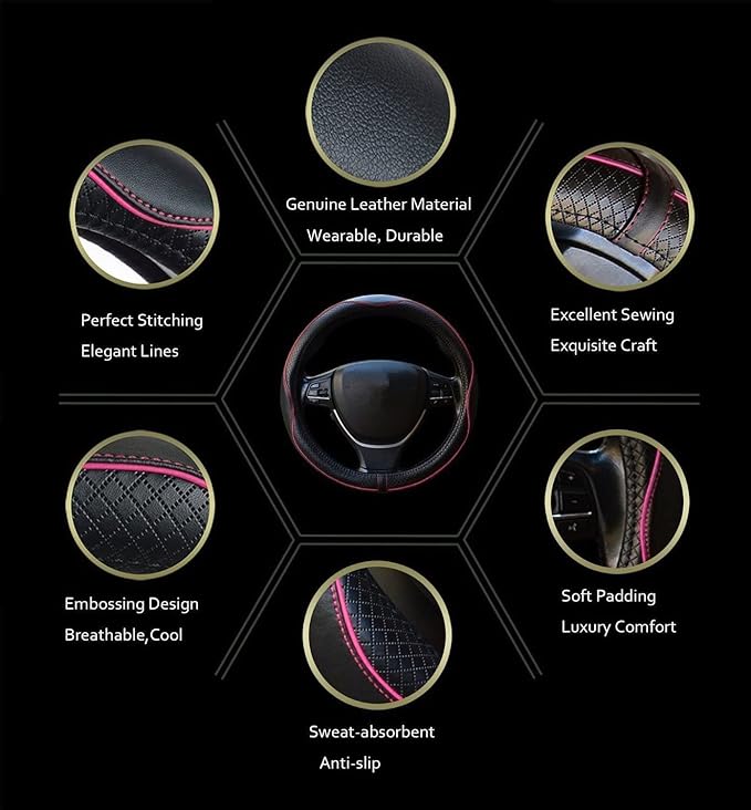 Car Steering Wheel Cover, Anti-Slip, Safety, Soft, Breathable, Heavy Duty, Thick, Full Surround, Sports Style (Black with Pink Line)