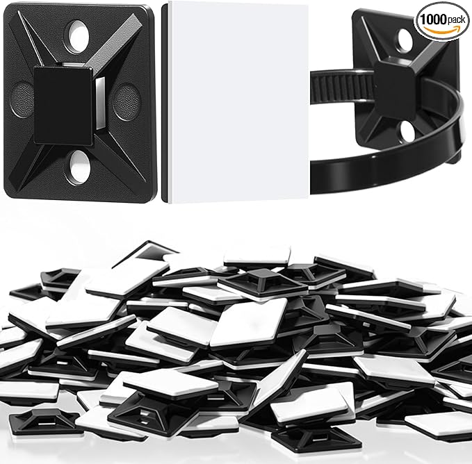1000 Pcs 3/4 Inch Black Self Adhesive Cable Zip Tie Mounts Wires Zip Tie Mounting Base Holders Management Anchors Organizer Holders for Indoor & Outdoor Cable Organization (Black)