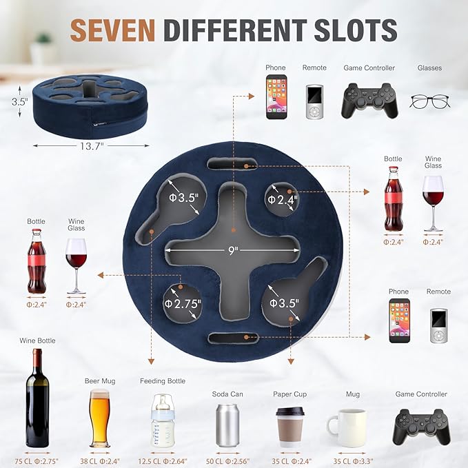 INNO STAGE Couch Cup Holder Pillow-Sofa Cup Holder | Couch Caddy Drinks Cupholder Tray for Bed, Rv, Tv, Car, Man Cave, Backseat for Remote, Snacks (NavyBlue, 13.7 x 13.7 inch)