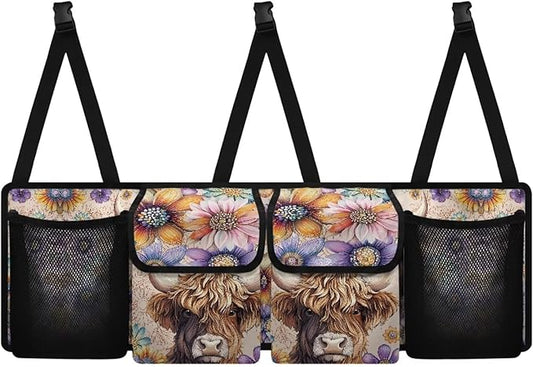 Floral Highland Cow Car Trunk Organizer Sturdy Trunk Hanging Storage Bag with 4 Compartments Backseat Car Organizer for SUV,Truck,Van