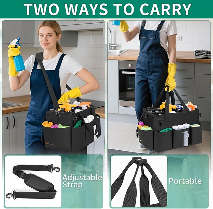 Wearable Cleaning Caddy Bag for Cleaning Supplies, Large Capacity Cleaning Organizer Tote Bag Kitchen Cleaning Supplies Storage Bag for Cleaners Housekeepers (Black)
