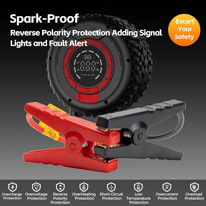 Jump Starter with Air Compressor, 5000A 150PSI Car Battery Jump Starter (All Gas/9.0L Diesel), 12V Jump Box Car Battery Jumper Starter Portable with Smart Jumper Cables, Tire Inflator, LED Light