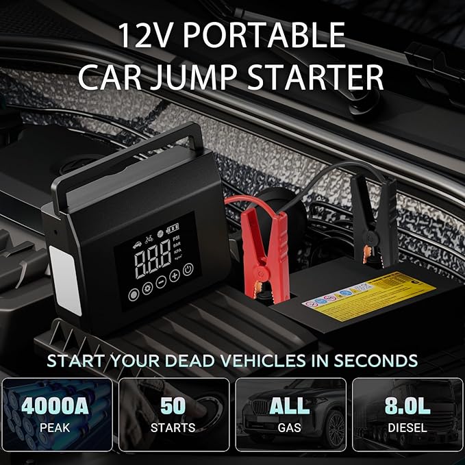 Hieha 4000A Jump Starter with Air Compressor, 12V Portable Car Battery Charger, 150PSI Tire Inflator, 15000mAh Power Bank, LED Flashlight for All Gas 8.0L & Diesel 7.0L Vehicles
