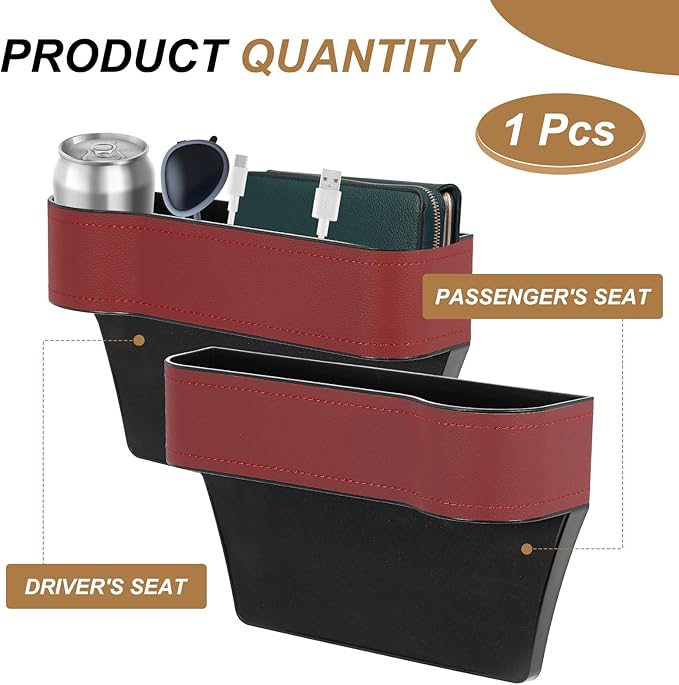 HARFINGTON Car Seat Gap Filler Organizer 10.2 x 6.5 x 3.1 Inch ABS+Leather Universal Car Organizer Storage Box Between Seat and Console (Right) with Cup Holders for Phone Sunglasses Keys, Red