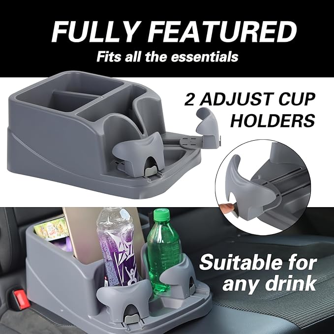Center Console Organizer,Automotive Consoles Organizers and Storage with 2 Adjustable Cup Holders,Back Bench and Front Seat or Floor Middle Console Universal for Car Truck RV Van SUV (Grey)
