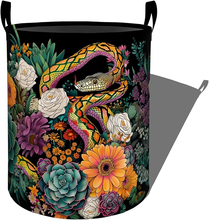 Vibrant Snake with Flowers and Succulents Laundry Basket with Handles, 19.7"x15.7" Clothes Foldable Laundry Hamper Organizer for Dorm Nursery Bedroom Bathroom Decor, Toy Storage Bin for Kids