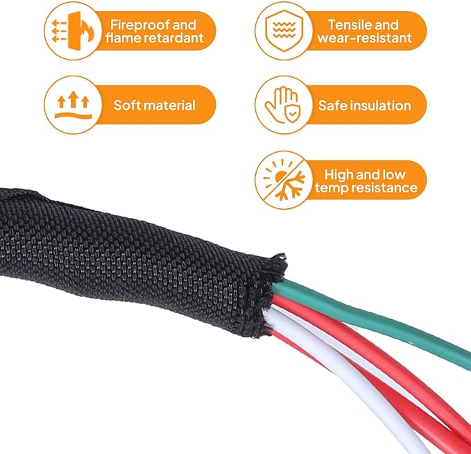 Self-Closing Split Braided Cable Organizer,Curly Cord Protector for Car High Temp Harness Sleeve/Computer Desk Audio Wire Covers (Black 1/2"-22ft)
