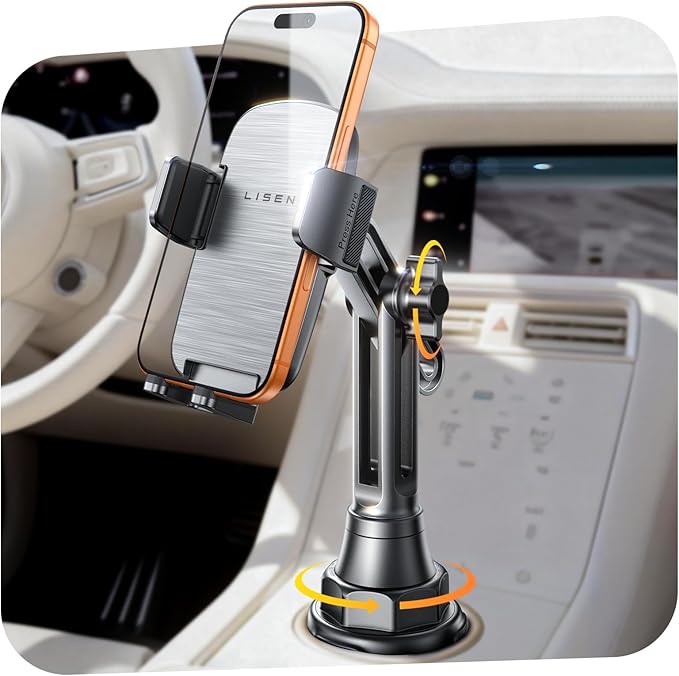 LISEN Cup Phone Holder for Car [Upgraded Version] Long Neck 360° Adjustable Car Accessories for Women Thick Cases Friendly for iPhone 17 16 15 14 13 Pro Max Samsung S25 All 4-7'' Phone, Silver