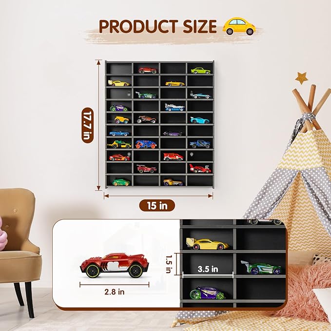 Toy Car Display Shelf, Holds 40 Diecast 1/64 Toy Cars, Wall Mount Model Car Storage Organize Case, Black