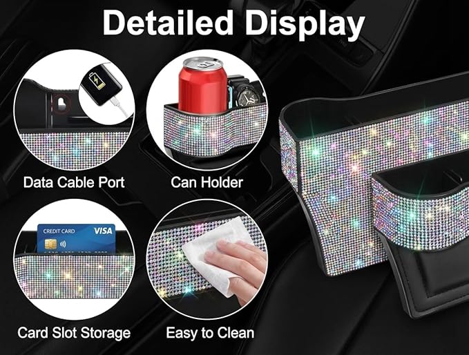 Bling Bling Car Seat Organizer Front Seat Gap Filler with Crystal Rhinestones Diamond, PU Leather Car Seat Console Storage Organizer for Car Accessories (Colorful)