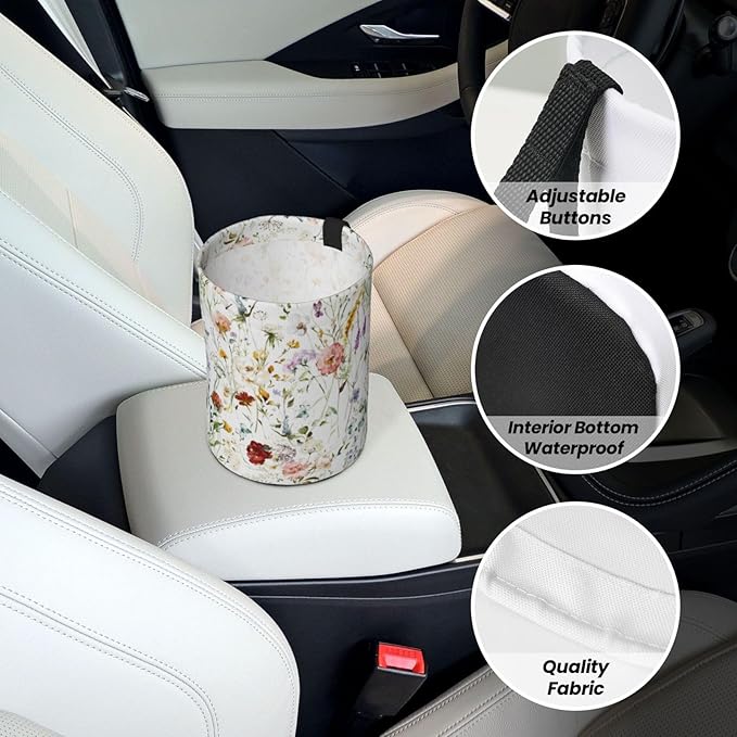Car Trash Can Watercolor Flowers Pattern Multipurpose Collapsible Leakproof Trash Bin Car Accessories for Car Automotive Truck SUV