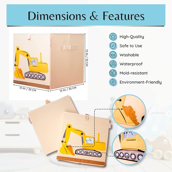 Washable Toy Organizers and Storage, Canvas Toy Chest Organizer Foldable Kids Toy Storage Organizers for Child's Bedroom or Playroom -13x13x13 Inch (Excavator)