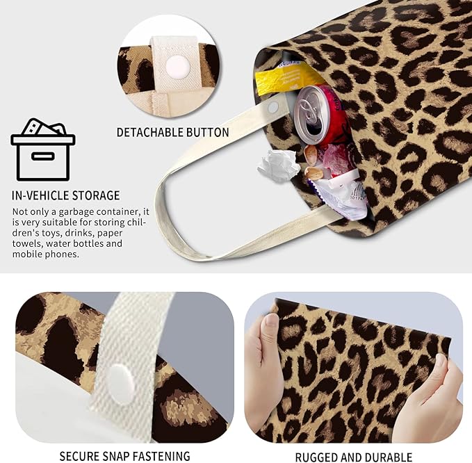 Cute Car Trash Can, Hanging Canvas Car Back Seat Organizer and Storage Bag, Funny Car Trash Bag for Travelling, Outdoor Luxury Brown Leopard