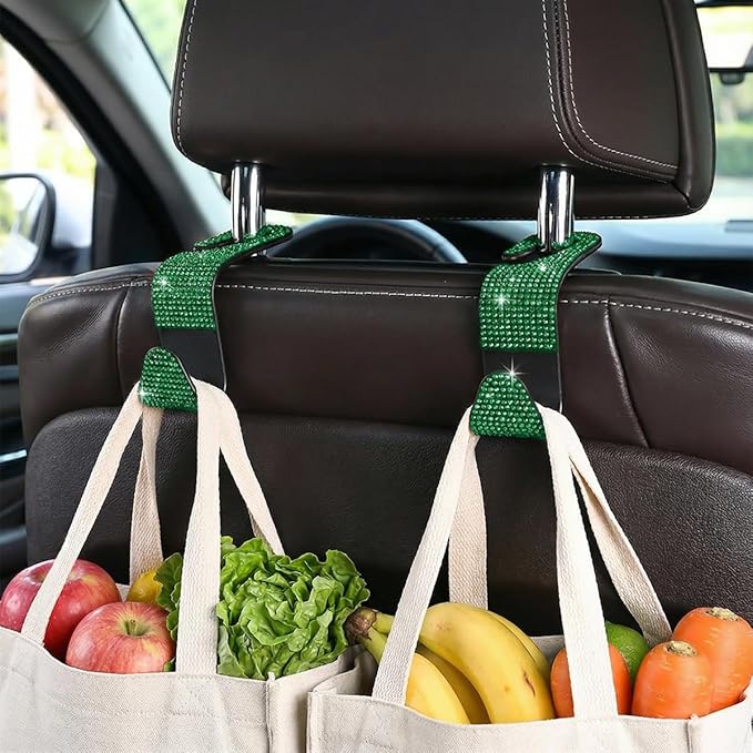 4PCS Bling Car Seat Headrest Hooks, Crystal Rhinestone Vehicle Purse Handbag Coat Hangers Holder, Automotive Interior Storage Organizer Accessories for Women Girls, Universal Fit (Green)